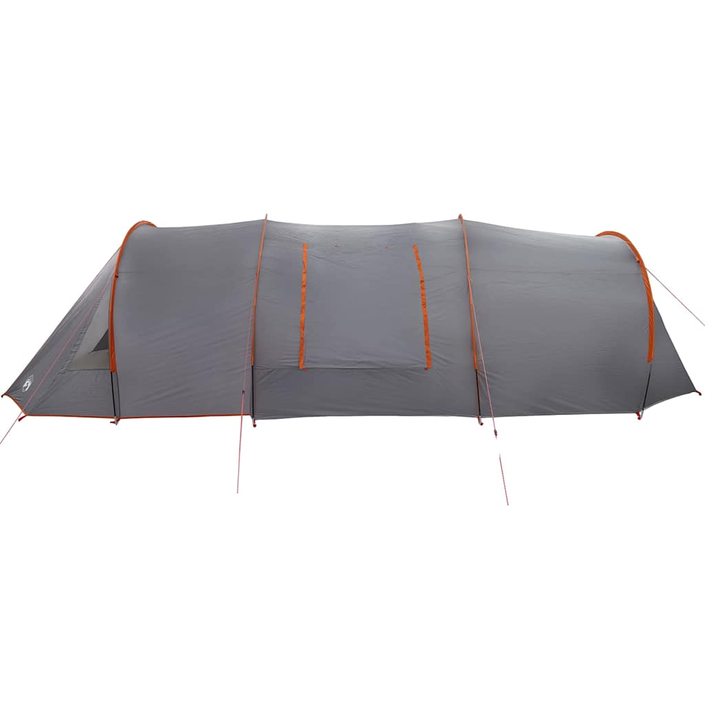 Zijaanzicht van de vidaXL Tunnel Tent 4-Person in grijs met oranje accenten.