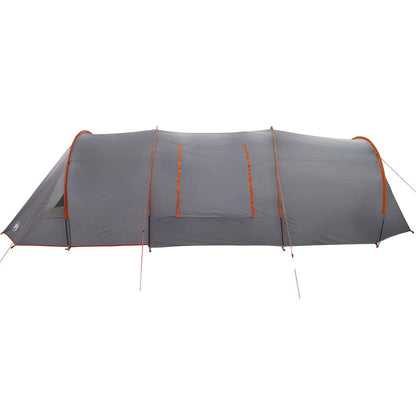 Zijaanzicht van de vidaXL Tunnel Tent 4-Person in grijs met oranje accenten.