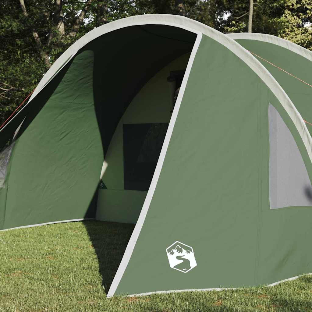 Detail van de groene vidaXL tunnel tent met een open ingang en zijraam.