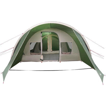 Detail van de vidaXL Tunnel Tent in groen en wit, met open ingang en ventilatieroosters.