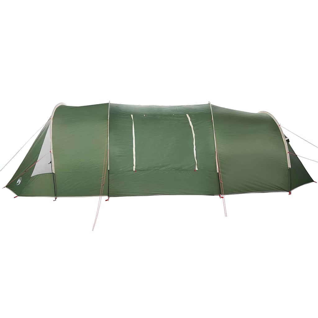 Zijaanzicht van de vidaXL Tunnel Tent in groen, met waterdichte stof en ventilatieroosters.