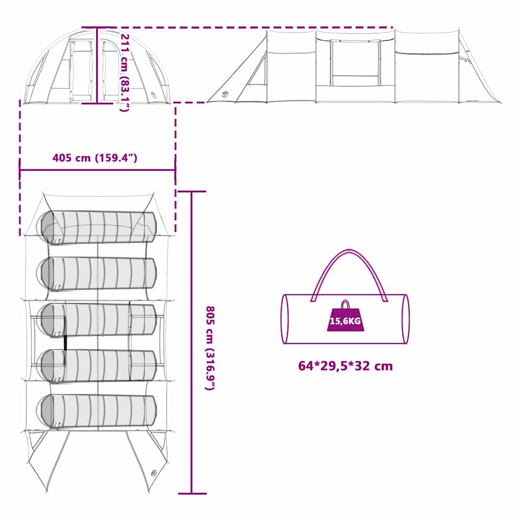Detailtekening van de vidaXL Tunnel Tent met afmetingen en draagtas.