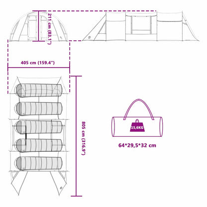 Detailtekening van de vidaXL Tunnel Tent met afmetingen en draagtas.