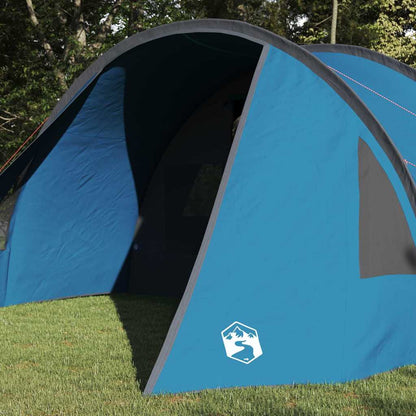 Zijaanzicht van de vidaXL Tunnel Tent in blauw met grijze accenten.