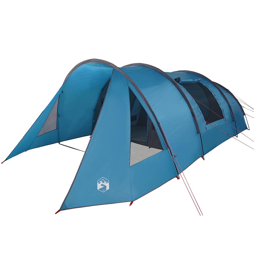 Zijaanzicht van de blauwe vidaXL Tunnel Tent voor 5 personen met ventilatieopeningen.