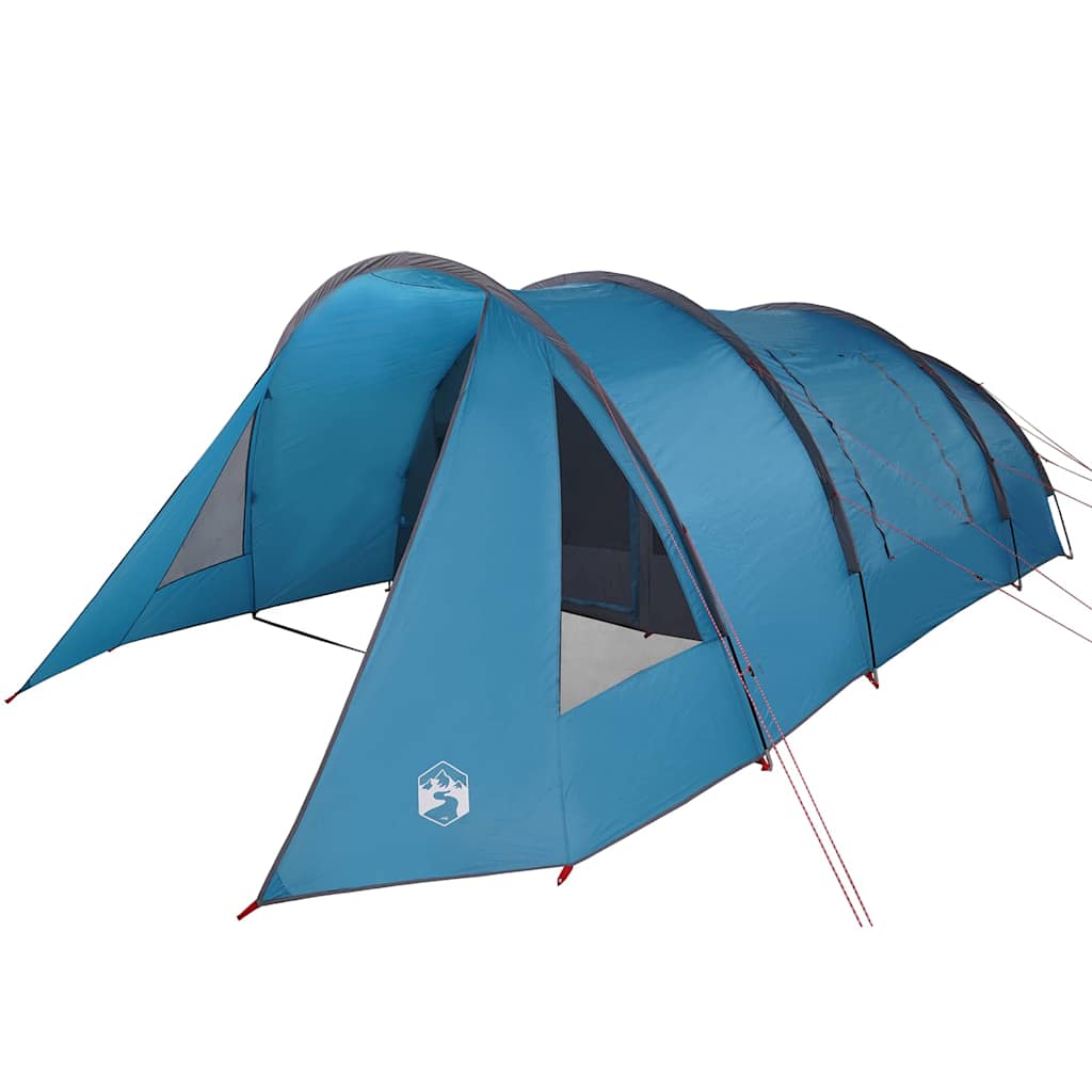 Zijaanzicht van de vidaXL Tunnel Tent in blauw, met ruime ingang en ventilatie.