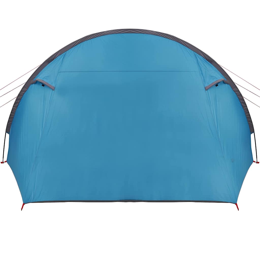Detail van de blauwe voorkant van de vidaXL Tunnel Tent met een gebogen ontwerp.
