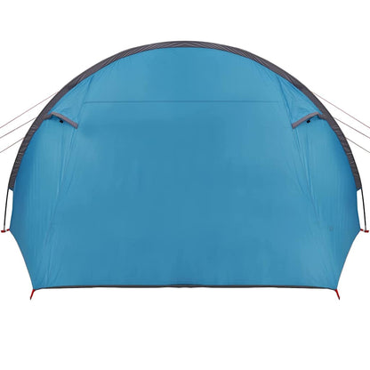 Detail van de blauwe voorkant van de vidaXL Tunnel Tent met een gebogen ontwerp.