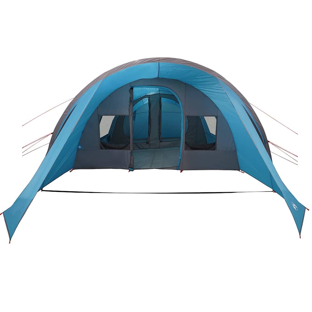 Zijaanzicht van de vidaXL Tunnel Tent in blauw en grijs met open ingangen.