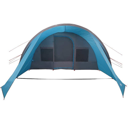 Zijaanzicht van de vidaXL Tunnel Tent in blauw en grijs met ingang en ventilatie.