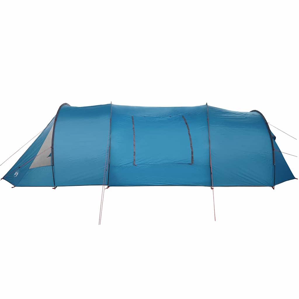 Zijaanzicht van de vidaXL Tunnel Tent in blauw, met ventilatieroosters en stevige bevestigingen.