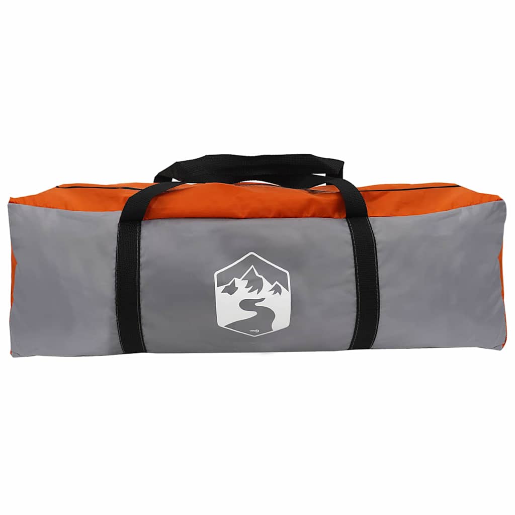Grijze en oranje opbergtas van de vidaXL Tunnel Tent, met handvat en logo.