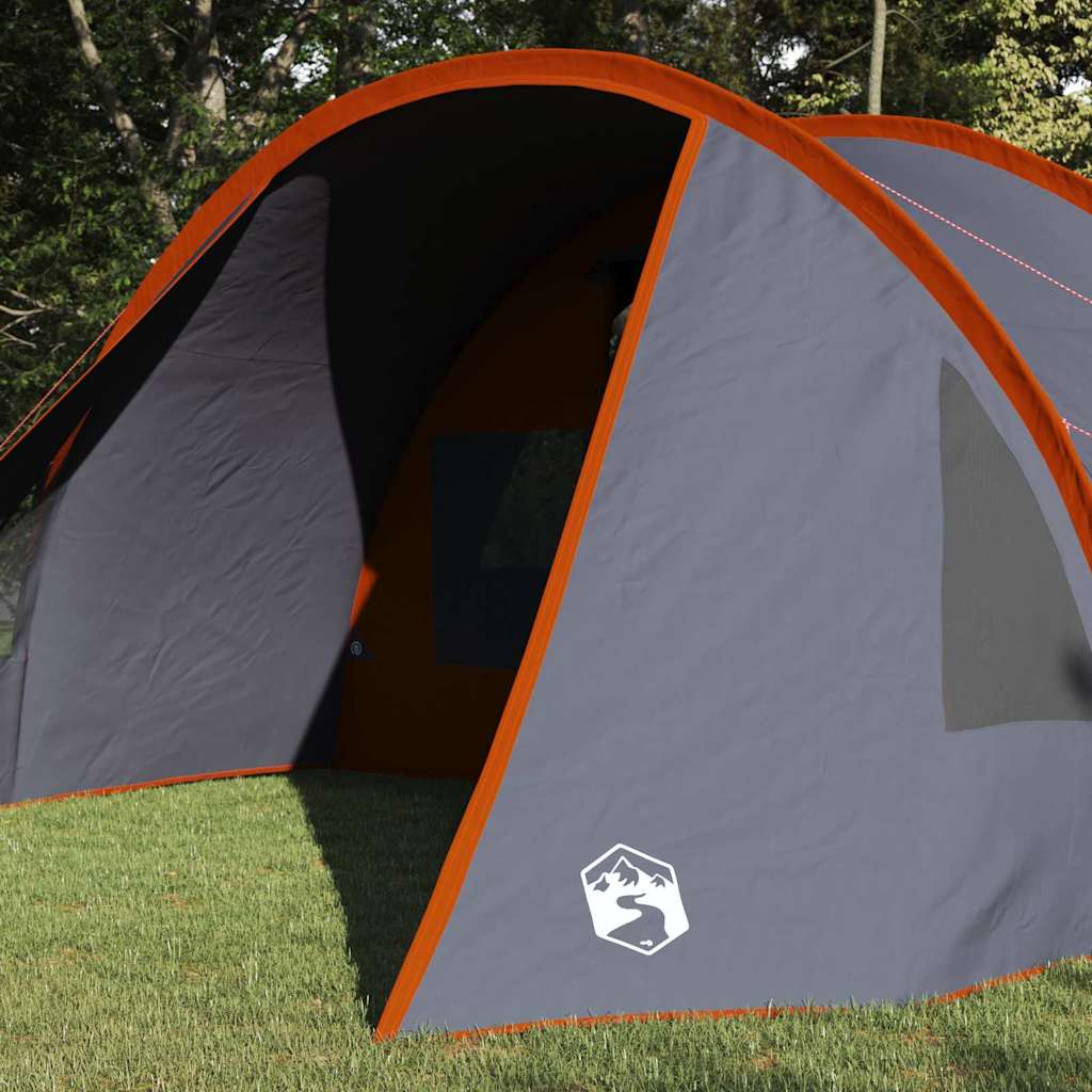 Detail van de vidaXL Tunnel Tent in grijs en oranje, zijaanzicht met ventilatiewindels.