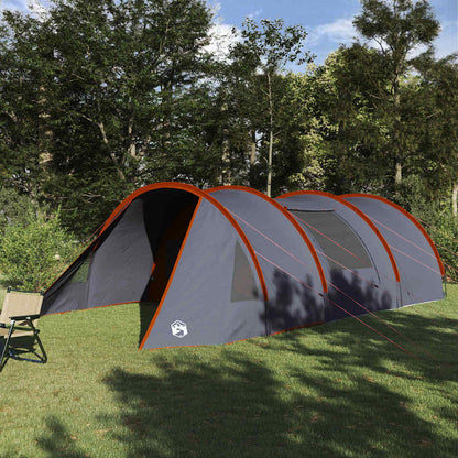 vidaXL Tunnel Tent 5-Person in grijs en oranje, zijaanzicht in groene omgeving.