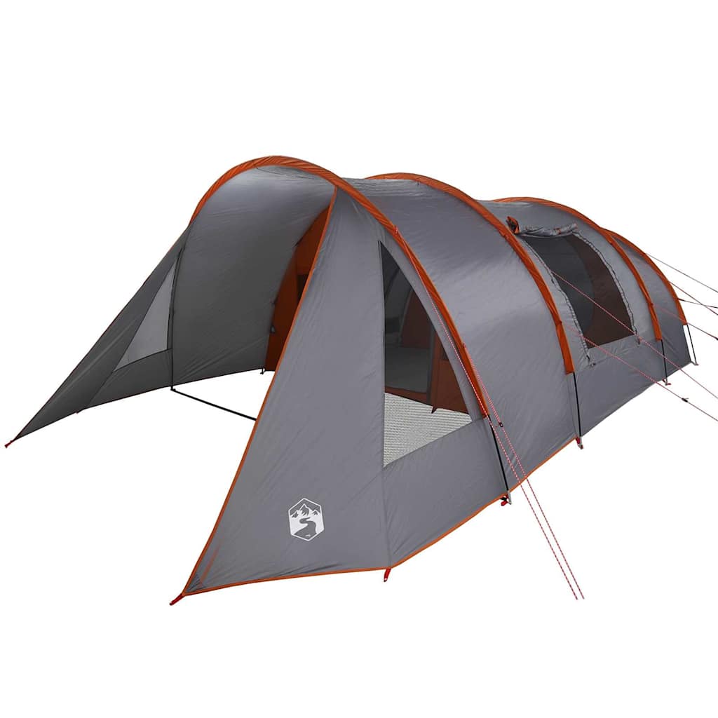 Zijaanzicht van de vidaXL Tunnel Tent in grijs met oranje details en ventilatiewindels.