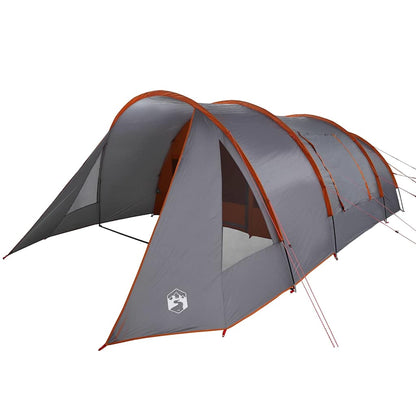 Detail van de vidaXL Tunnel Tent in grijs en oranje, zijaanzicht met ingang en ventilatie.