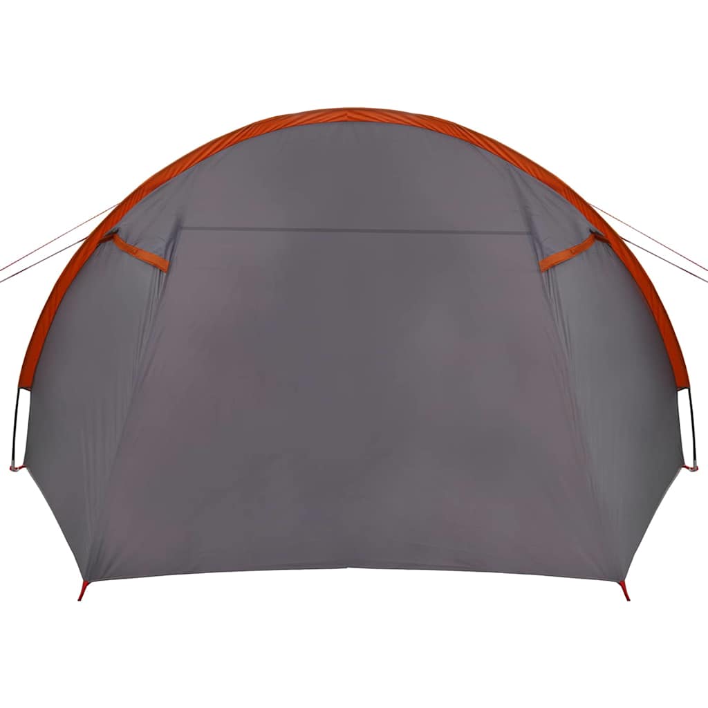 Detail van de grijze vidaXL Tunnel Tent met oranje accenten, vooraanzicht.