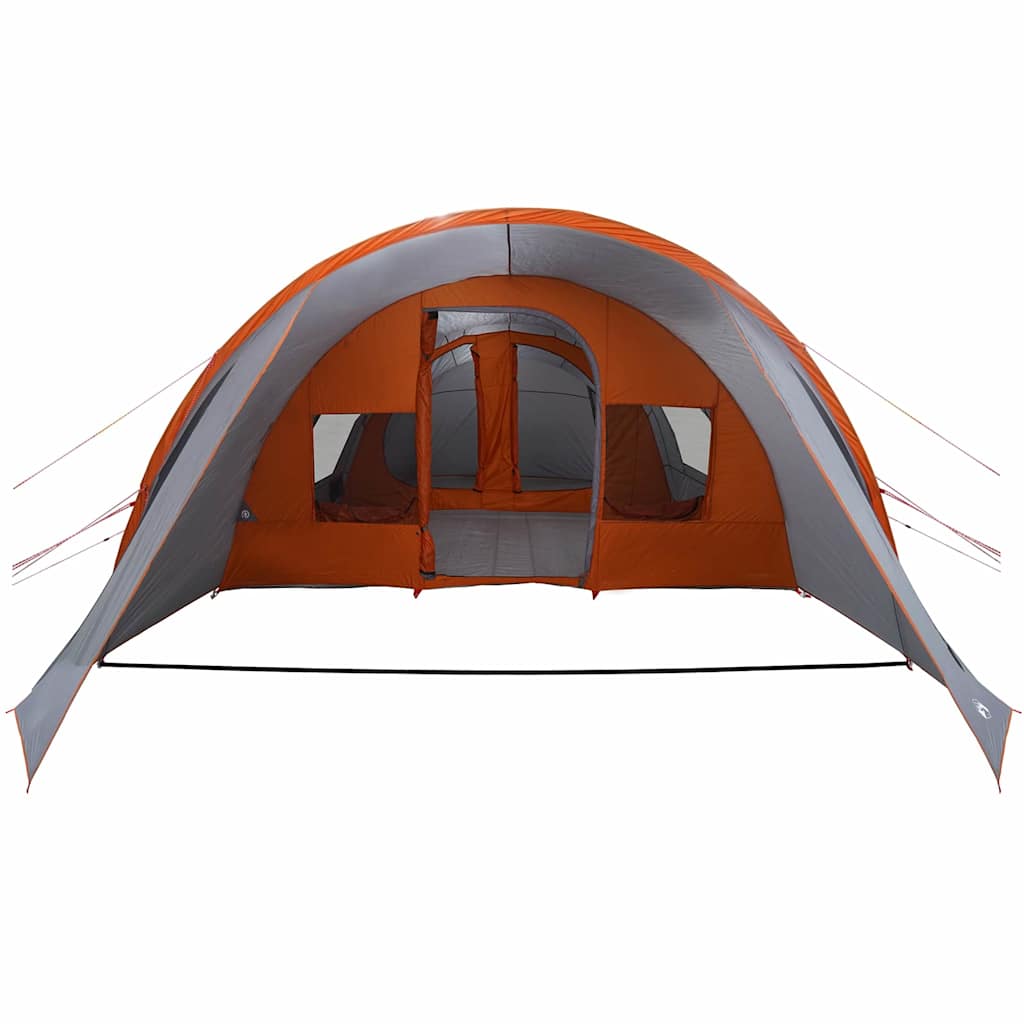 Zijaanzicht van de vidaXL Tunnel Tent in grijs en oranje met ingangen en ramen.