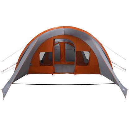 Zijaanzicht van de vidaXL Tunnel Tent in grijs en oranje met ingangen en ramen.