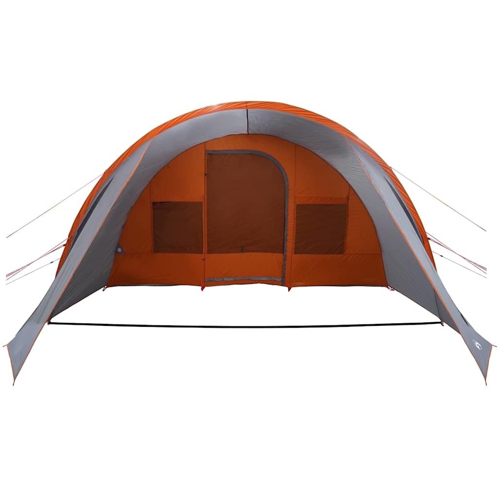 Zijaanzicht van de vidaXL Tunnel Tent in grijs en oranje met ingang en ventilatiewindels.