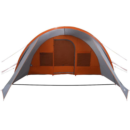 Zijaanzicht van de vidaXL Tunnel Tent in grijs en oranje met ingang en ventilatiewindels.