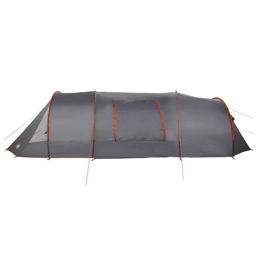 Zijaanzicht van de vidaXL Tunnel Tent in grijs en oranje, met ventilatiewindels.
