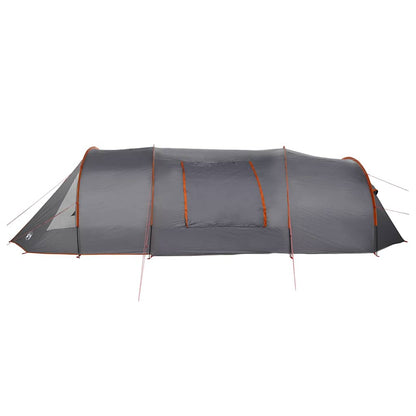 Zijaanzicht van de vidaXL Tunnel Tent in grijs en oranje, met ventilatiewindels.