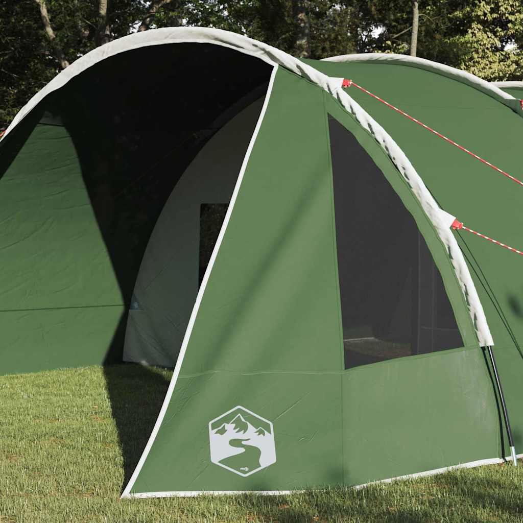 Detail van de groene vidaXL Tunnel Tent met een groot ventilatierooster en stevige constructie.