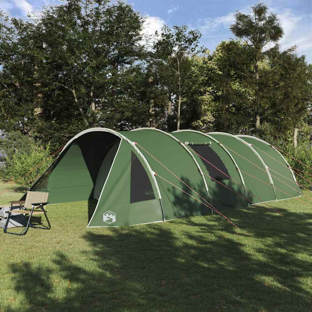 vidaXL Tunnel Tent voor 6 Personen in groen met witte accenten, zijaanzicht in de natuur.