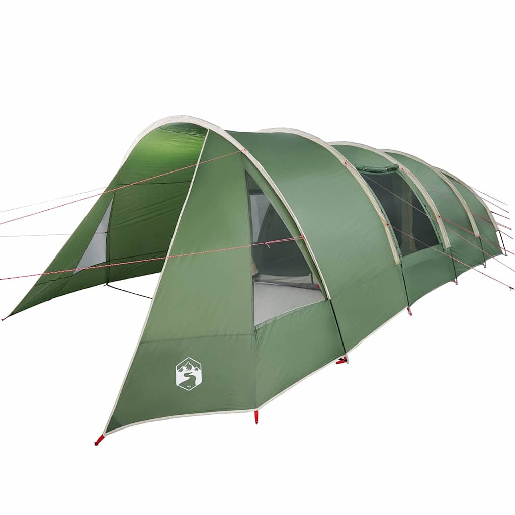 Detail van de vidaXL Tunnel Tent in groen, zijaanzicht met ingangen en ventilatieroosters.