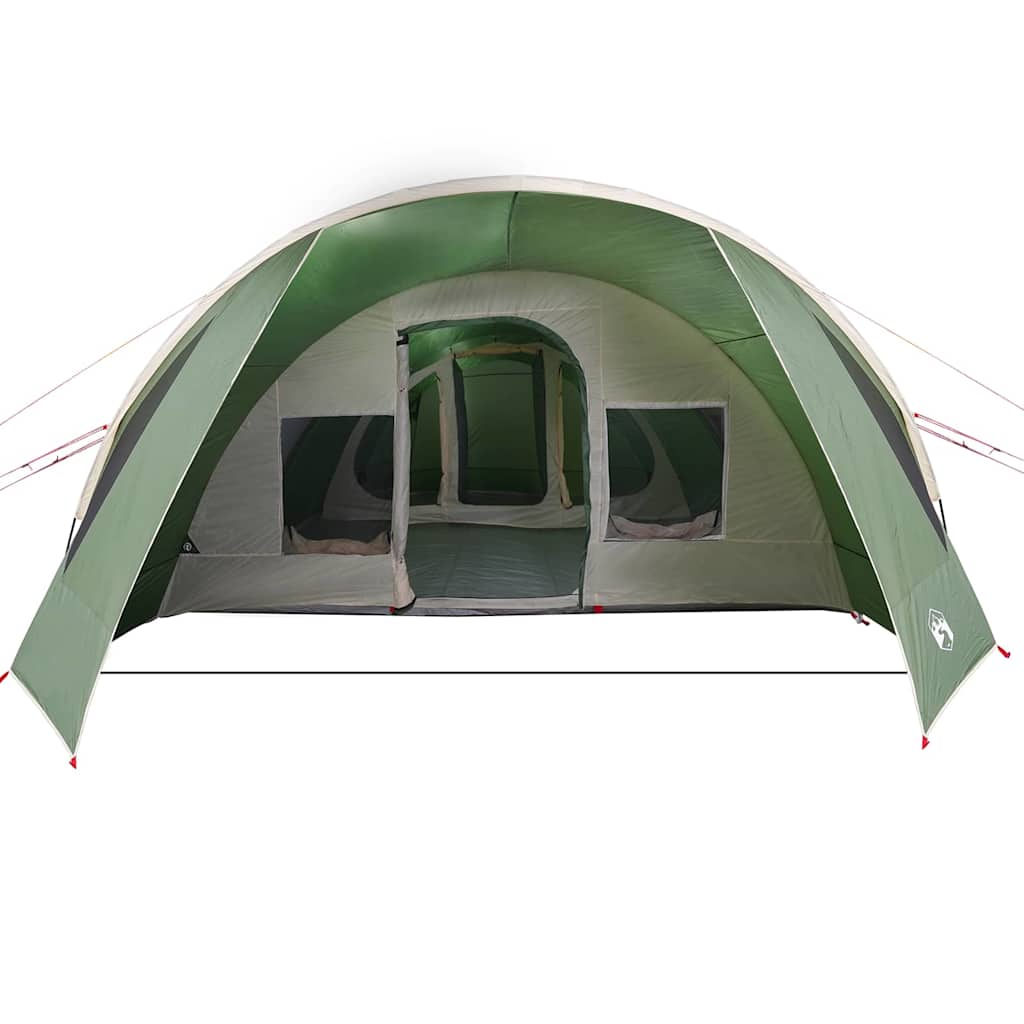 Detail van de vidaXL Tunnel Tent in groen en wit, zijaanzicht met ingangen.