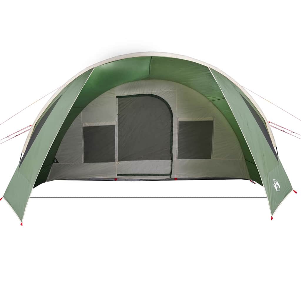 Detail van de vidaXL Tunnel Tent in groen en wit, zijaanzicht met ingang en ramen.