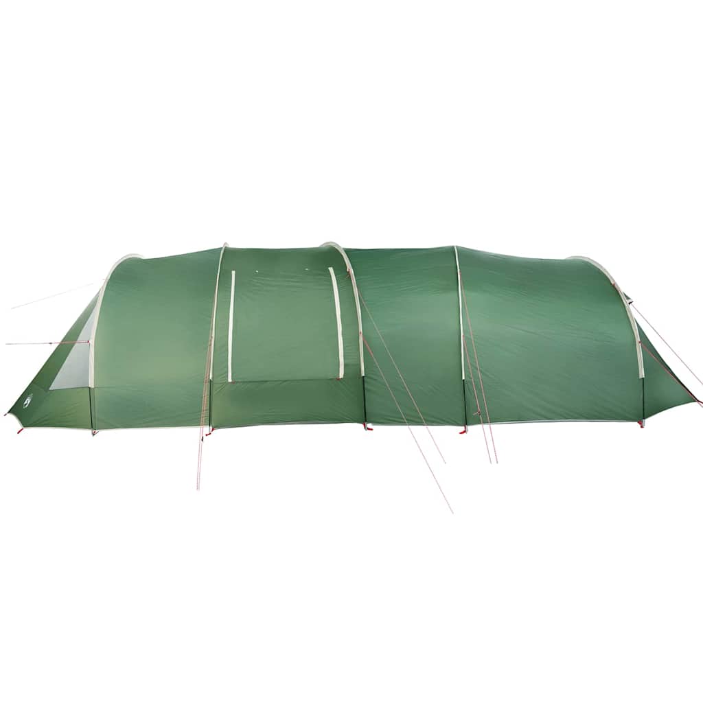 Zijaanzicht van de vidaXL Tunnel Tent voor 6 Personen in groen met witte details.