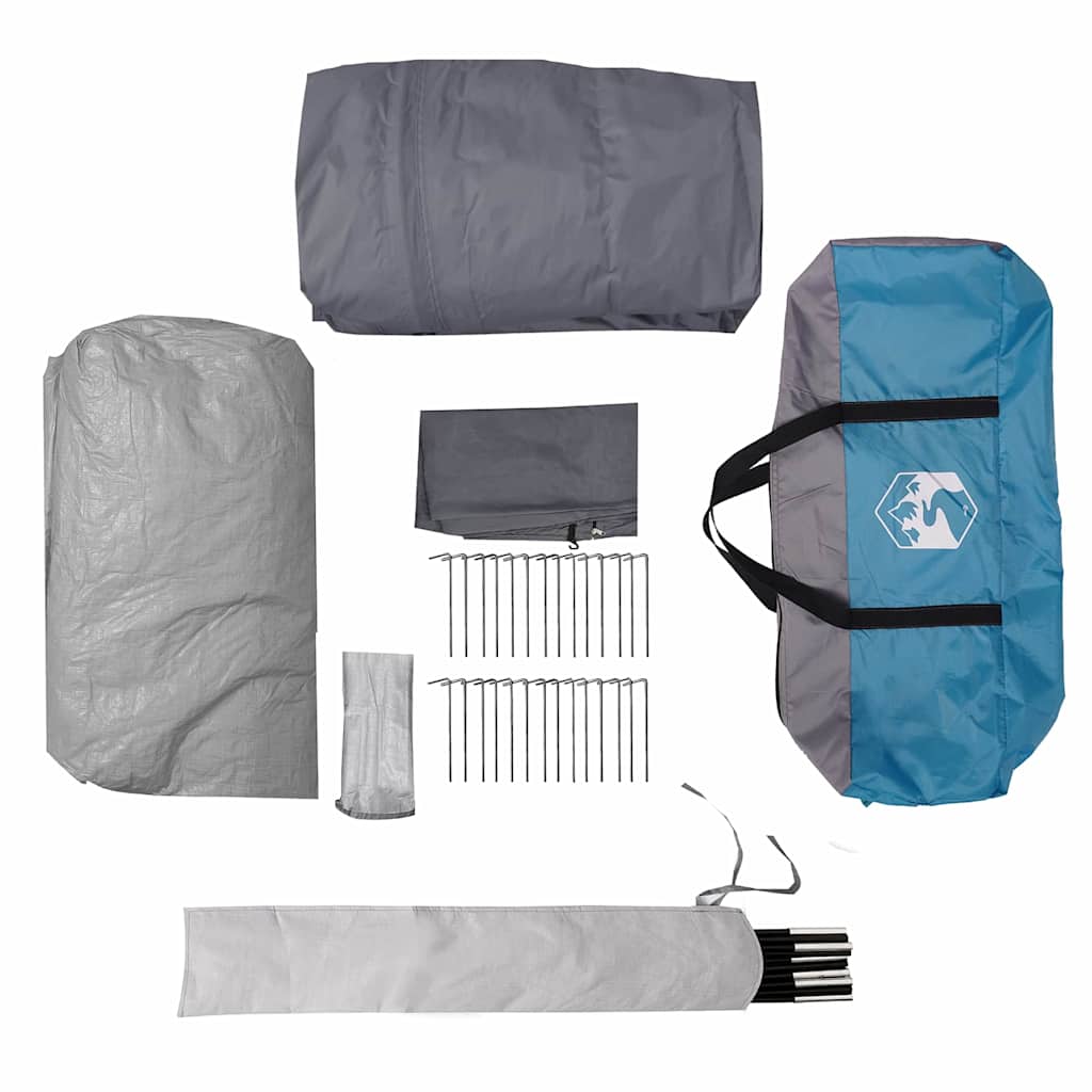 Detailweergave van de tentaccessoires, waaronder stokken, haringen en beschermhoezen in grijs en blauw.