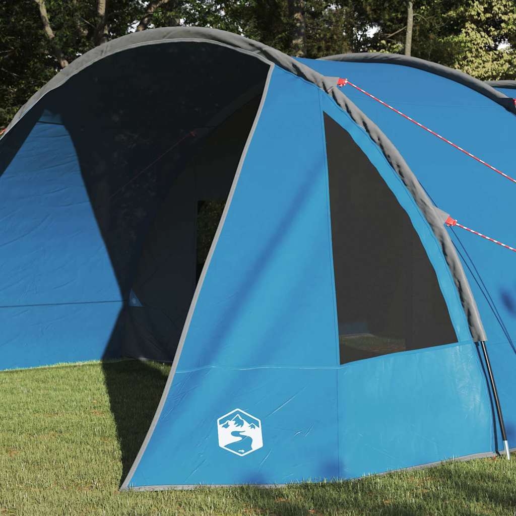 Detail van de blauwe vidaXL Tunnel Tent met een zijaanzicht en ventilatierooster.