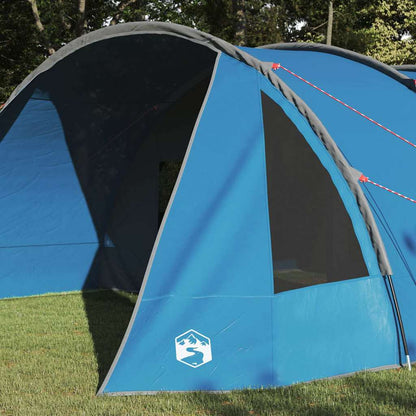 Detail van de blauwe vidaXL Tunnel Tent met een zijaanzicht en ventilatierooster.