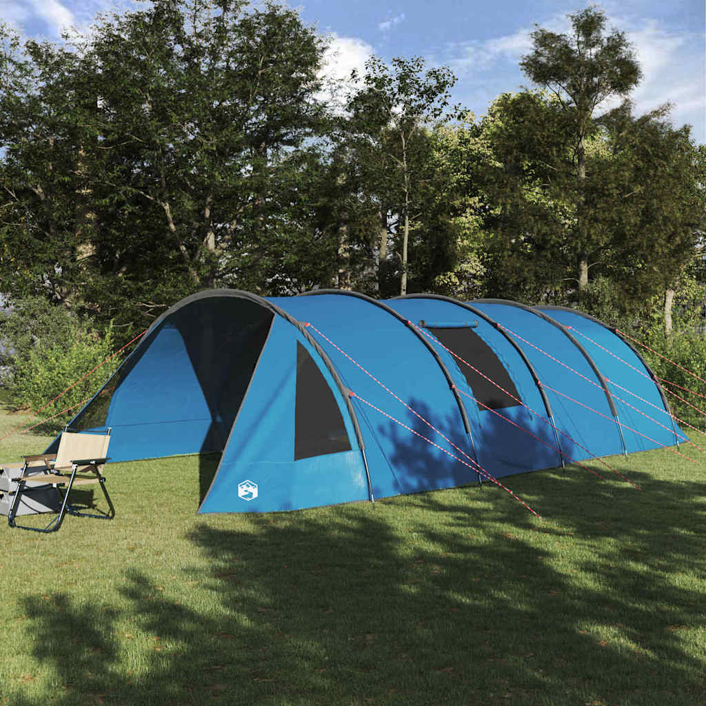 Blauwe en grijze vidaXL Tunnel Tent voor 6 personen, opgesteld in de natuur.