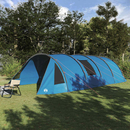 Blauwe en grijze vidaXL Tunnel Tent voor 6 personen, opgesteld in de natuur.