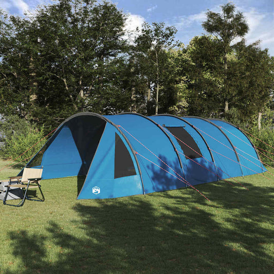 Blauwe en grijze vidaXL Tunnel Tent voor 6 personen, opgesteld in de natuur.