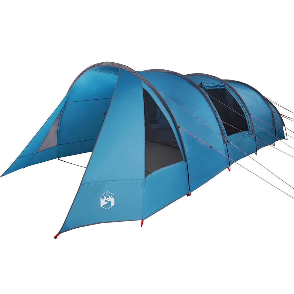 Zijaanzicht van de vidaXL Tunnel Tent in blauw, met meerdere ingangen en ventilatiedelen.