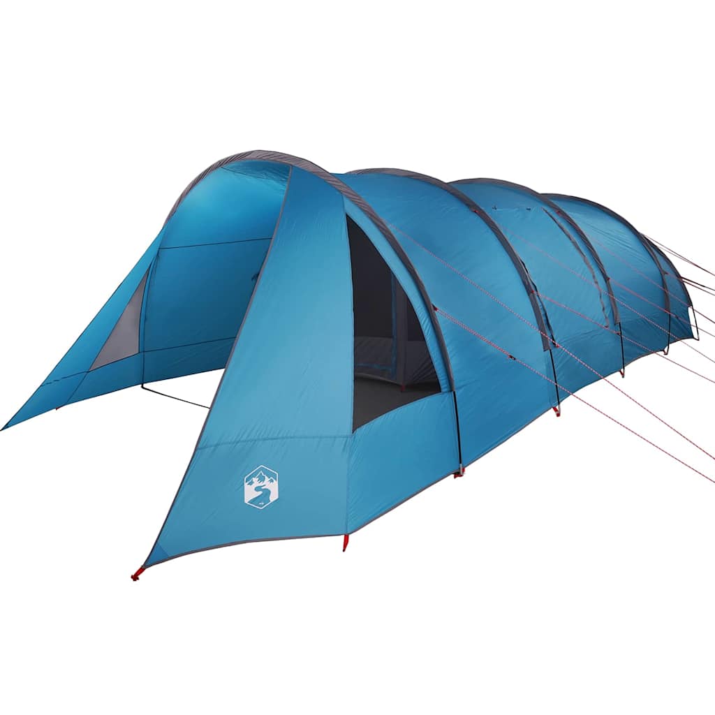 Zijaanzicht van de vidaXL Tunnel Tent in blauw met grijze details en ingangen.