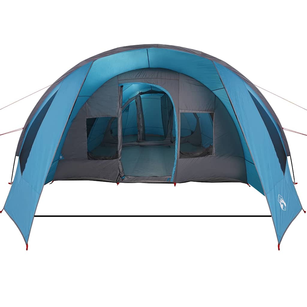 Detail van de vidaXL Tunnel Tent in blauw en grijs, met ruime ingang en ventilatieroosters.