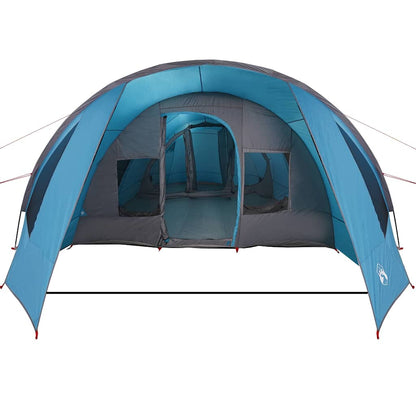 Detail van de vidaXL Tunnel Tent in blauw en grijs, met ruime ingang en ventilatieroosters.