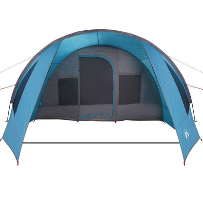 Zijaanzicht van de vidaXL Tunnel Tent in blauw en grijs met grote ingang en ventilatieroosters.