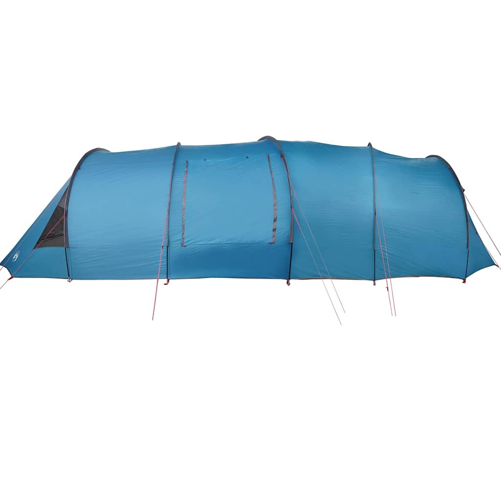 Zijaanzicht van de vidaXL Tunnel Tent in blauw, met meerdere ventilatieopeningen.