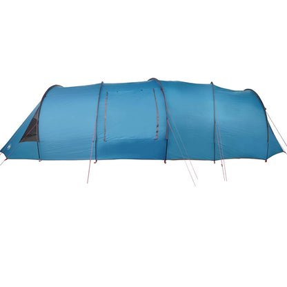Zijaanzicht van de vidaXL Tunnel Tent in blauw, met meerdere ventilatieopeningen.