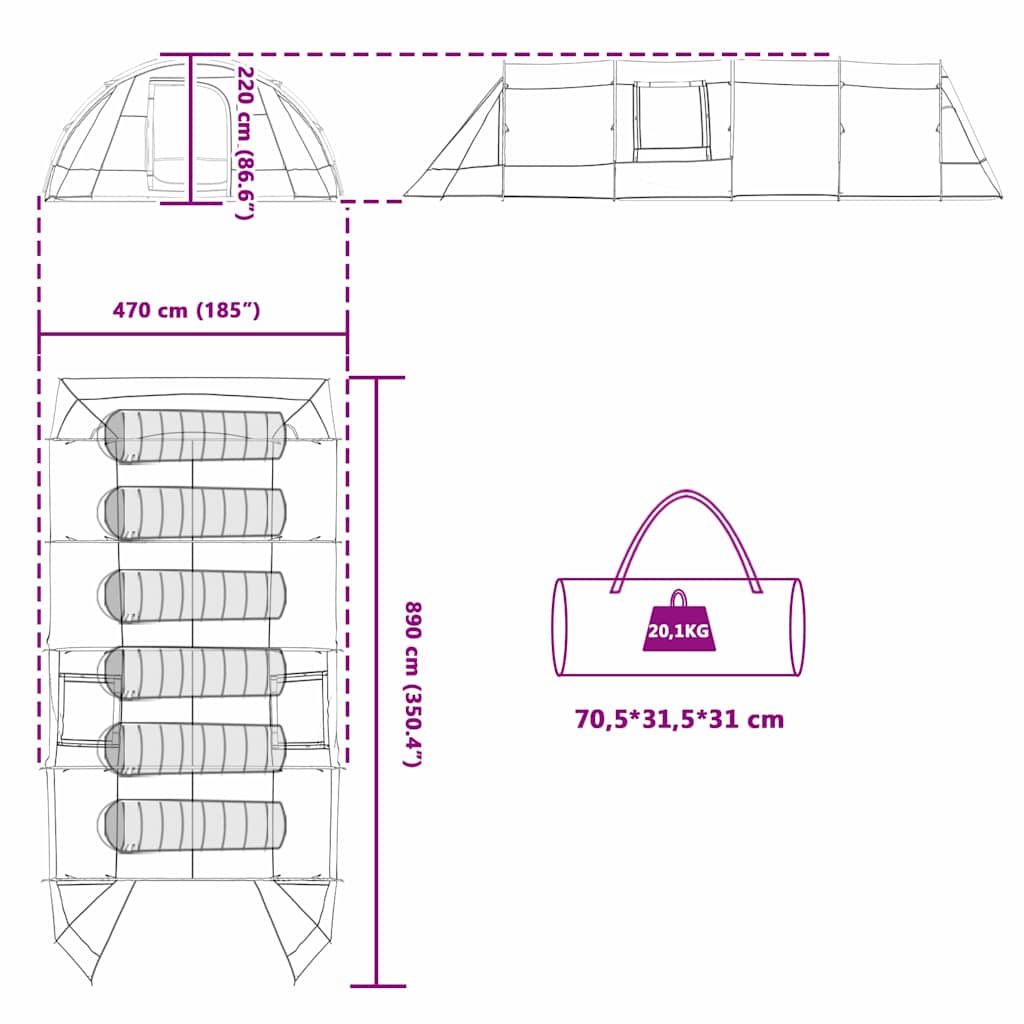 Detailtekening van de vidaXL Tunnel Tent 6-Persoon met afmetingen en draagtas.