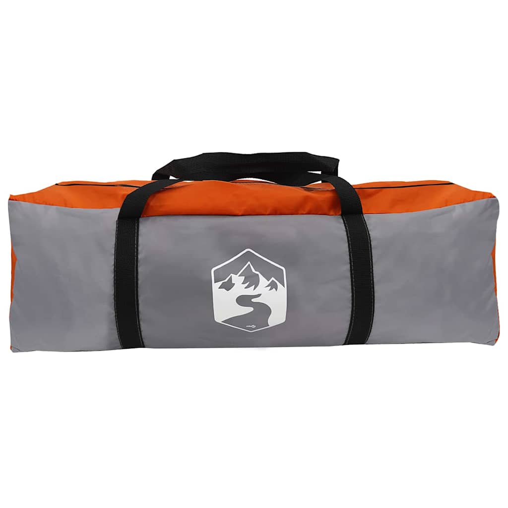 Grijze en oranje opbergtas van de vidaXL Tunnel Tent, met handvat en logo.