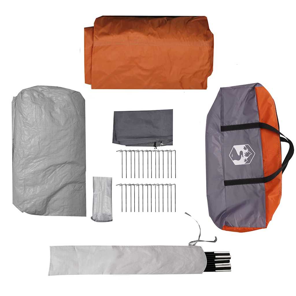Detail van de grijs-oranje vidaXL Tunnel Tent met stokken, haringen en opbergtas.