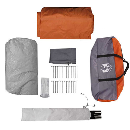 Detail van de grijs-oranje vidaXL Tunnel Tent met stokken, haringen en opbergtas.